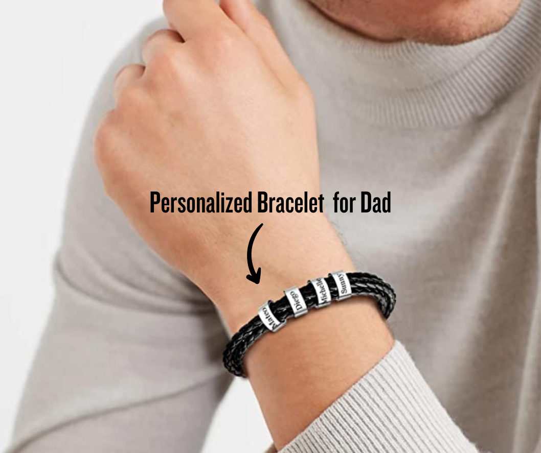 Personalized Braided Leather Bracelet for Men with Small Custom Beads in Silver