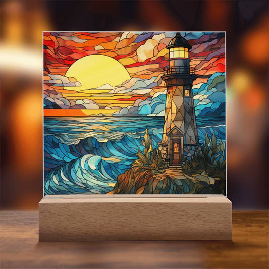 Lighthouse Sunset Stained Glass Acrylic Plaque