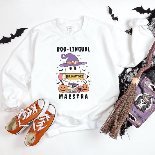 Custom ESL Spooky Teacher Sweatshirt, Personalized Halloween Maestra Shirt, Boo-Lingual Shirt, ESL Halloween T-Shirt, Spanish Halloween Tee