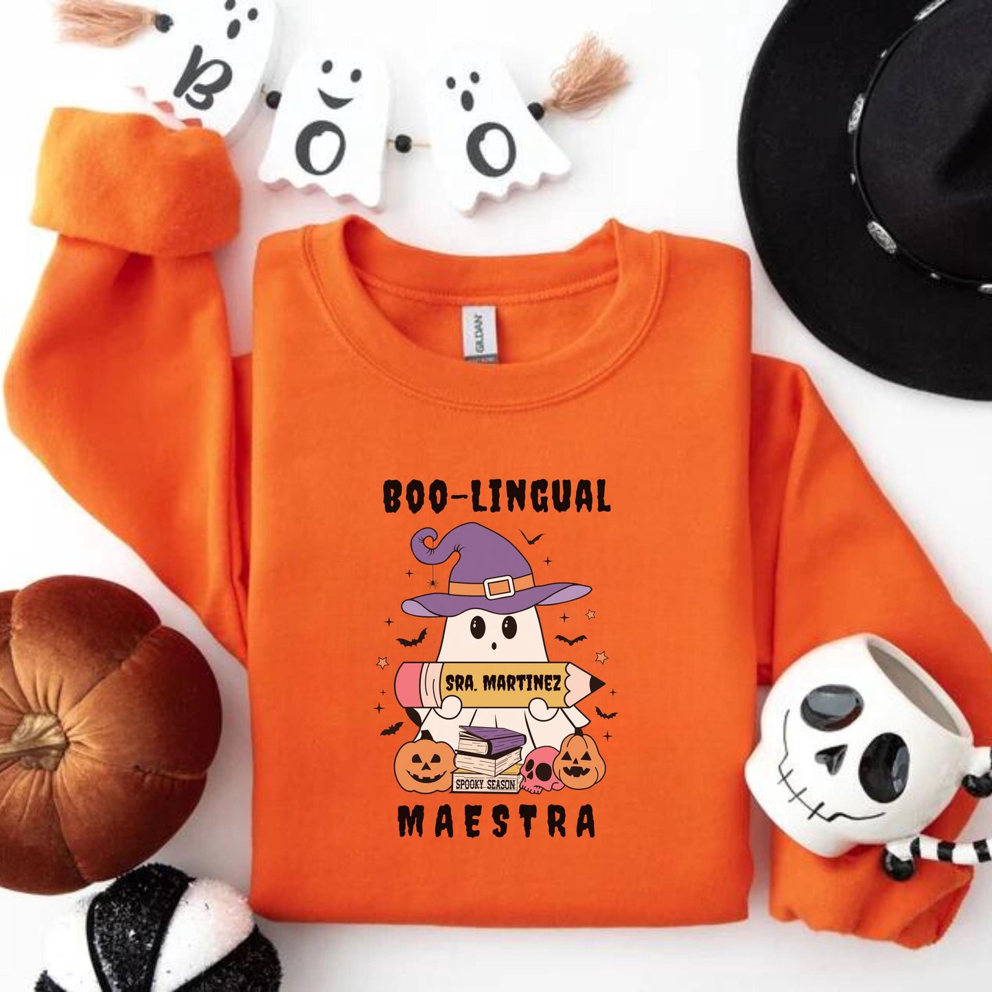 Custom ESL Spooky Teacher Sweatshirt, Personalized Halloween Maestra Shirt, Boo-Lingual Shirt, ESL Halloween T-Shirt, Spanish Halloween Tee