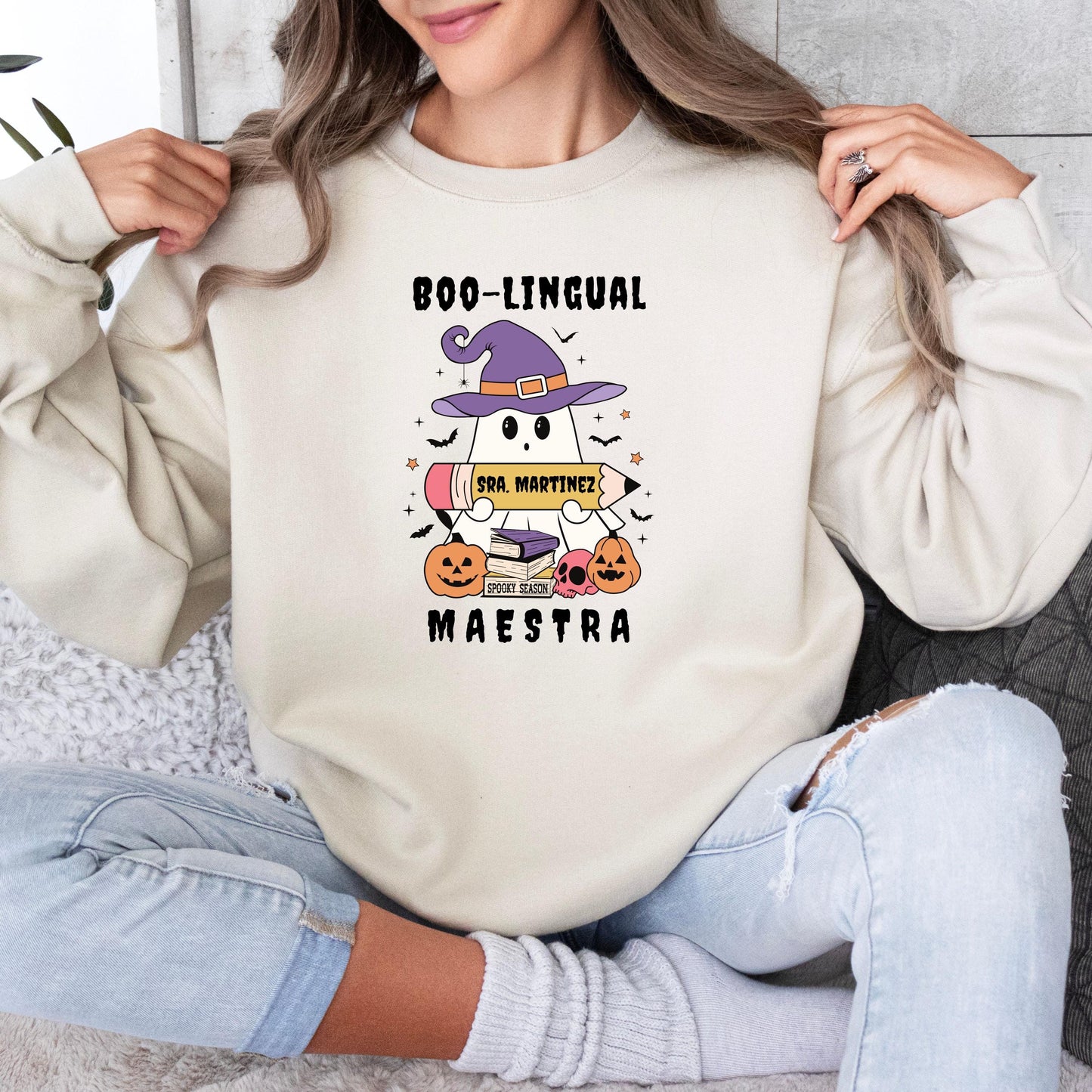 Custom ESL Spooky Teacher Sweatshirt, Personalized Halloween Maestra Shirt, Boo-Lingual Shirt, ESL Halloween T-Shirt, Spanish Halloween Tee